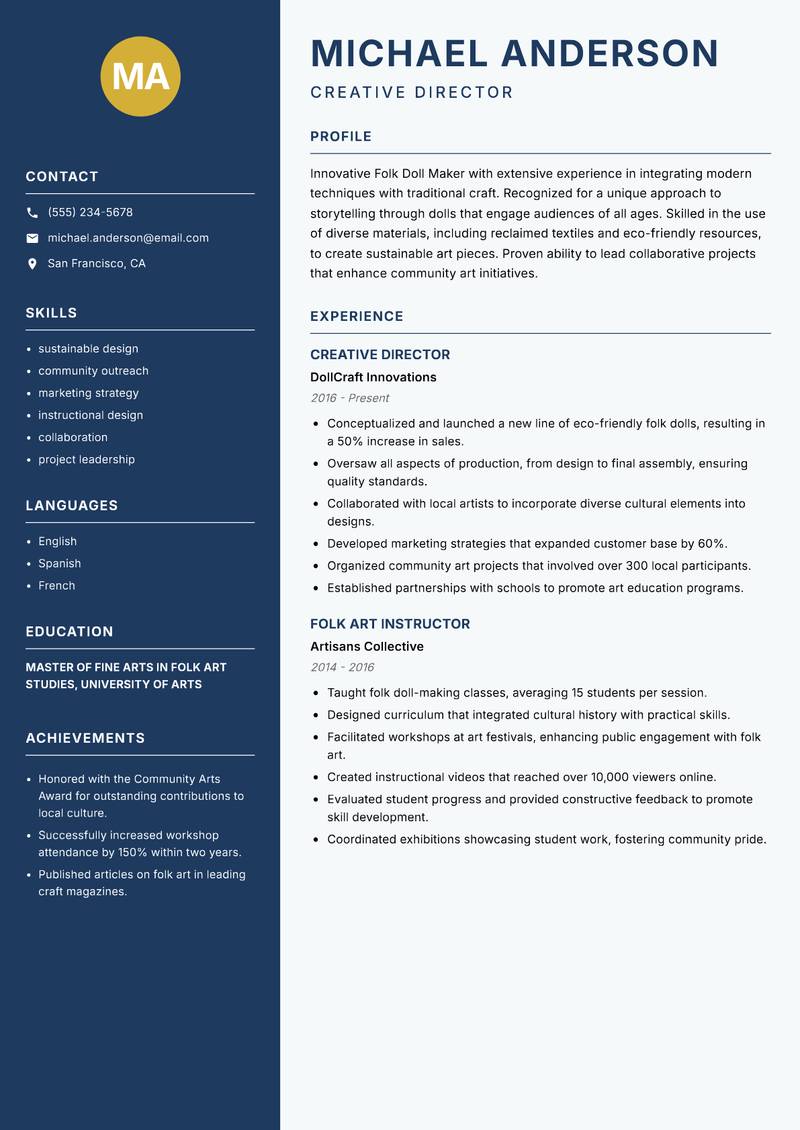 Folk Doll Maker resume template — Classic Clean