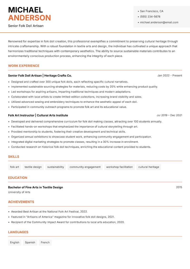 Folk Doll Maker resume template — Modern Professional