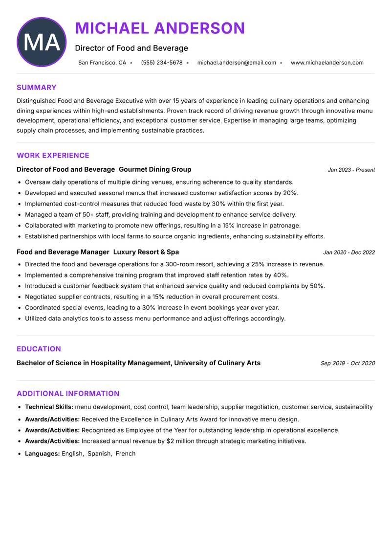 Food and Beverage Executive resume example — ATS-friendly template