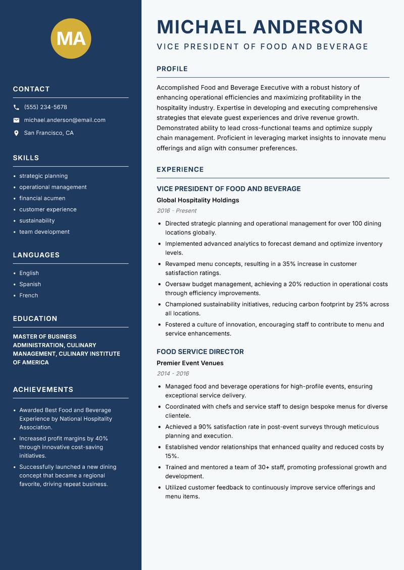 Food and Beverage Executive resume template — Classic Clean