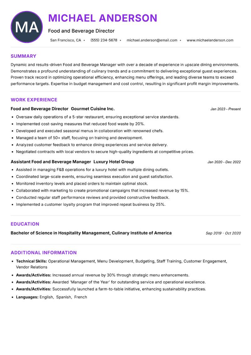 Food and Beverage Manager resume example — ATS-friendly template