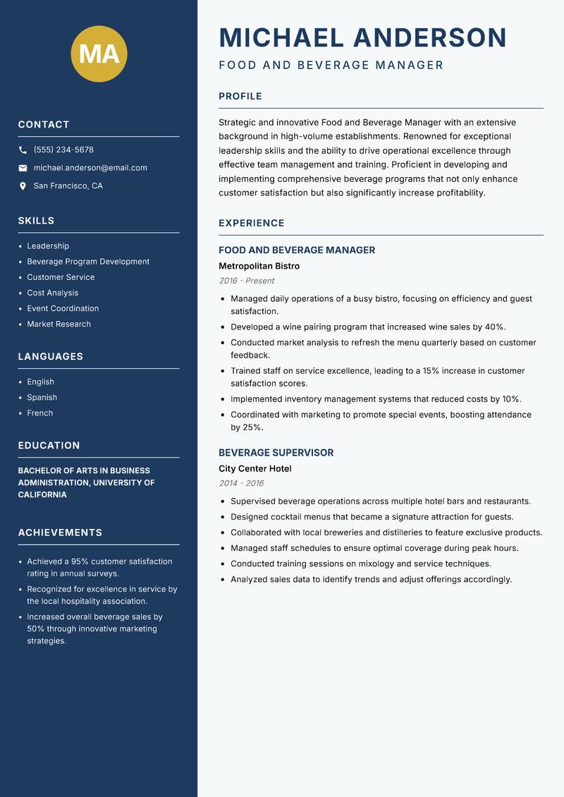 Food and Beverage Manager resume template — Classic Clean