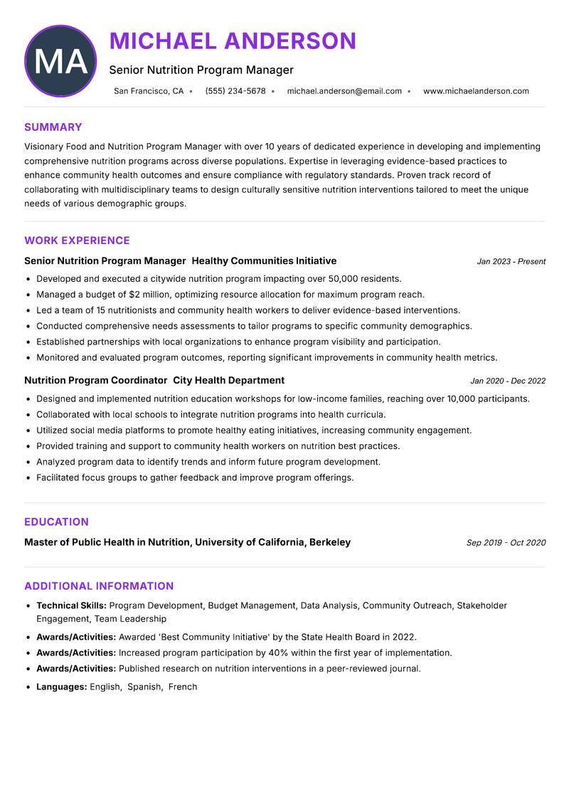 Food and Nutrition Program Manager resume example — ATS-friendly template