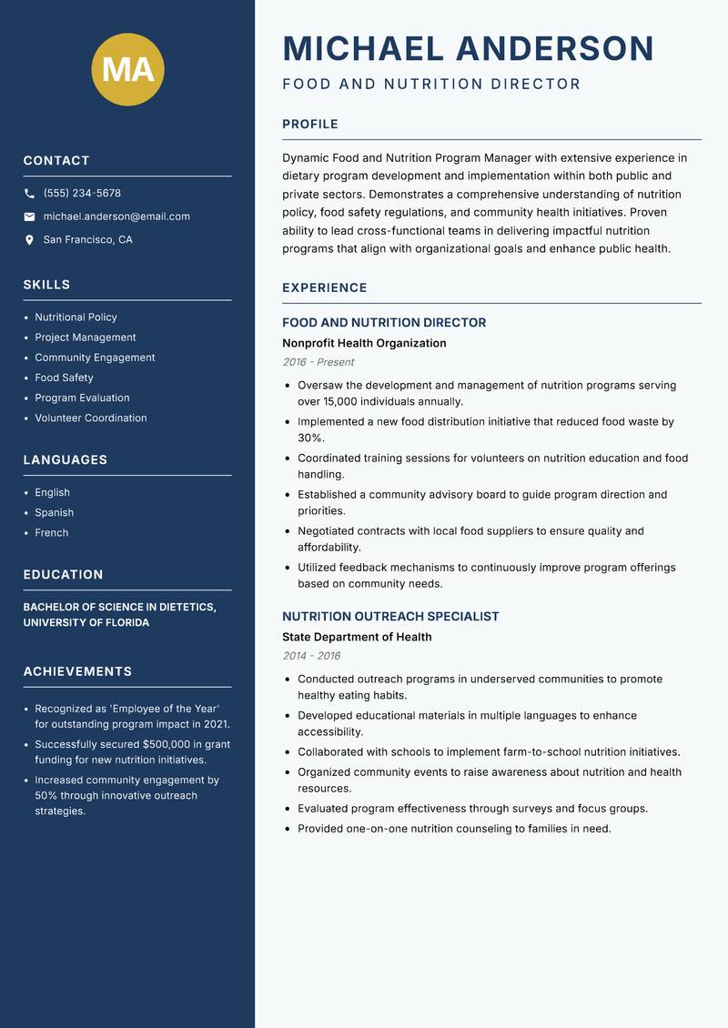 Food and Nutrition Program Manager resume template — Classic Clean