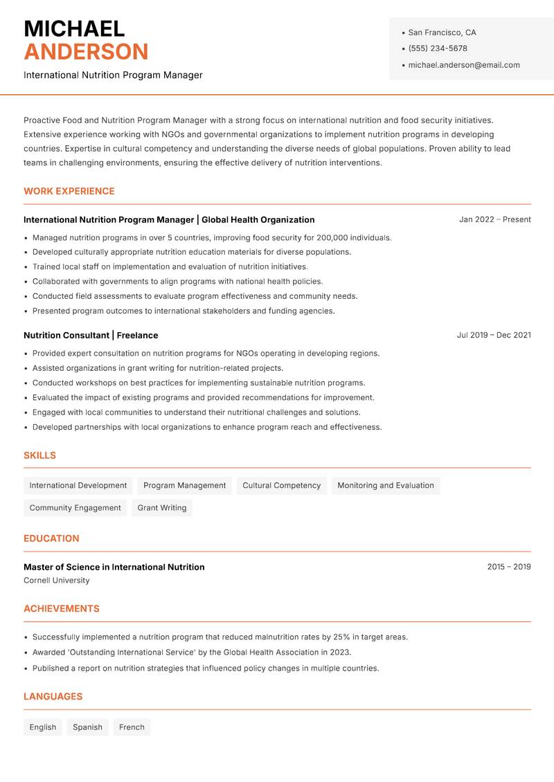 Food and Nutrition Program Manager resume template — Modern Professional