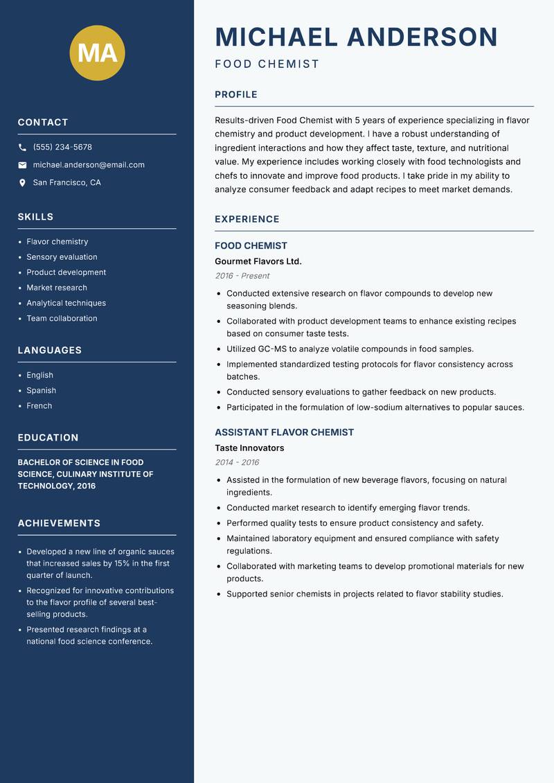 Food Chemist resume template — Classic Clean