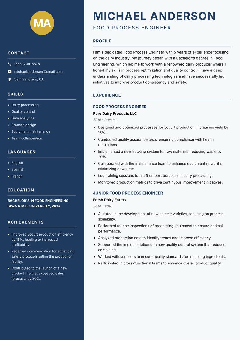 Food Process Engineer resume template — Classic Clean