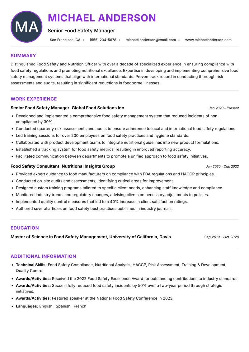 Food Safety and Nutrition Officer resume example — ATS-friendly template