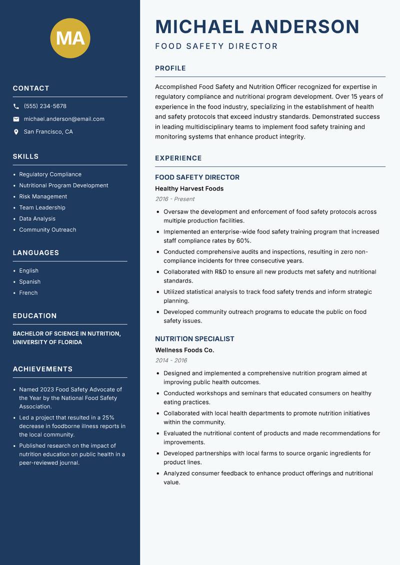 Food Safety and Nutrition Officer resume template — Classic Clean