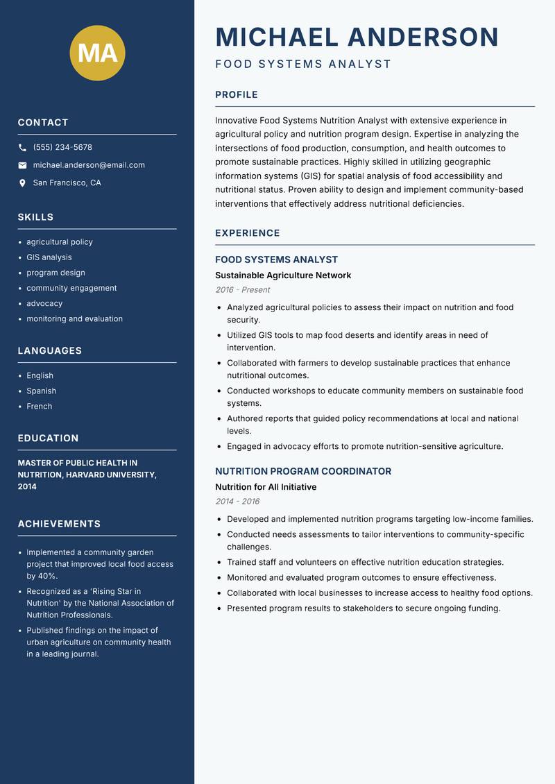 Food Systems Nutrition Analyst resume template — Classic Clean