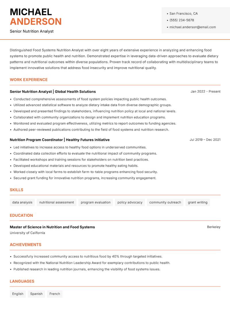 Food Systems Nutrition Analyst resume template — Modern Professional