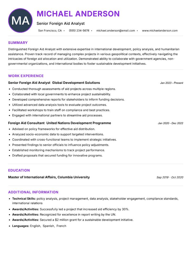 Foreign Aid Analyst resume example — ATS-friendly template
