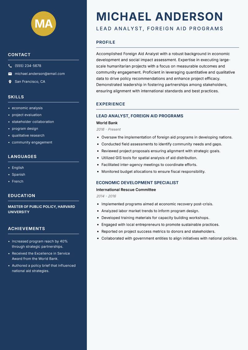 Foreign Aid Analyst resume template — Classic Clean