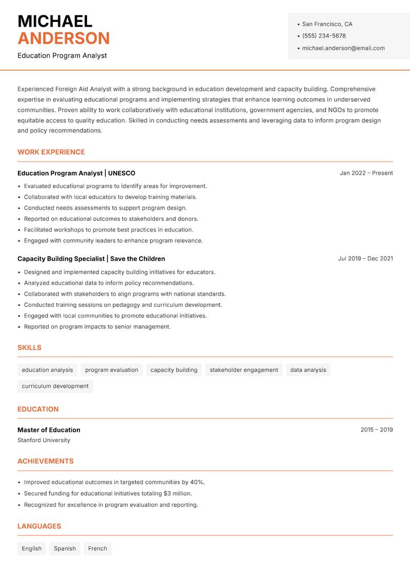 Foreign Aid Analyst resume template — Modern Professional