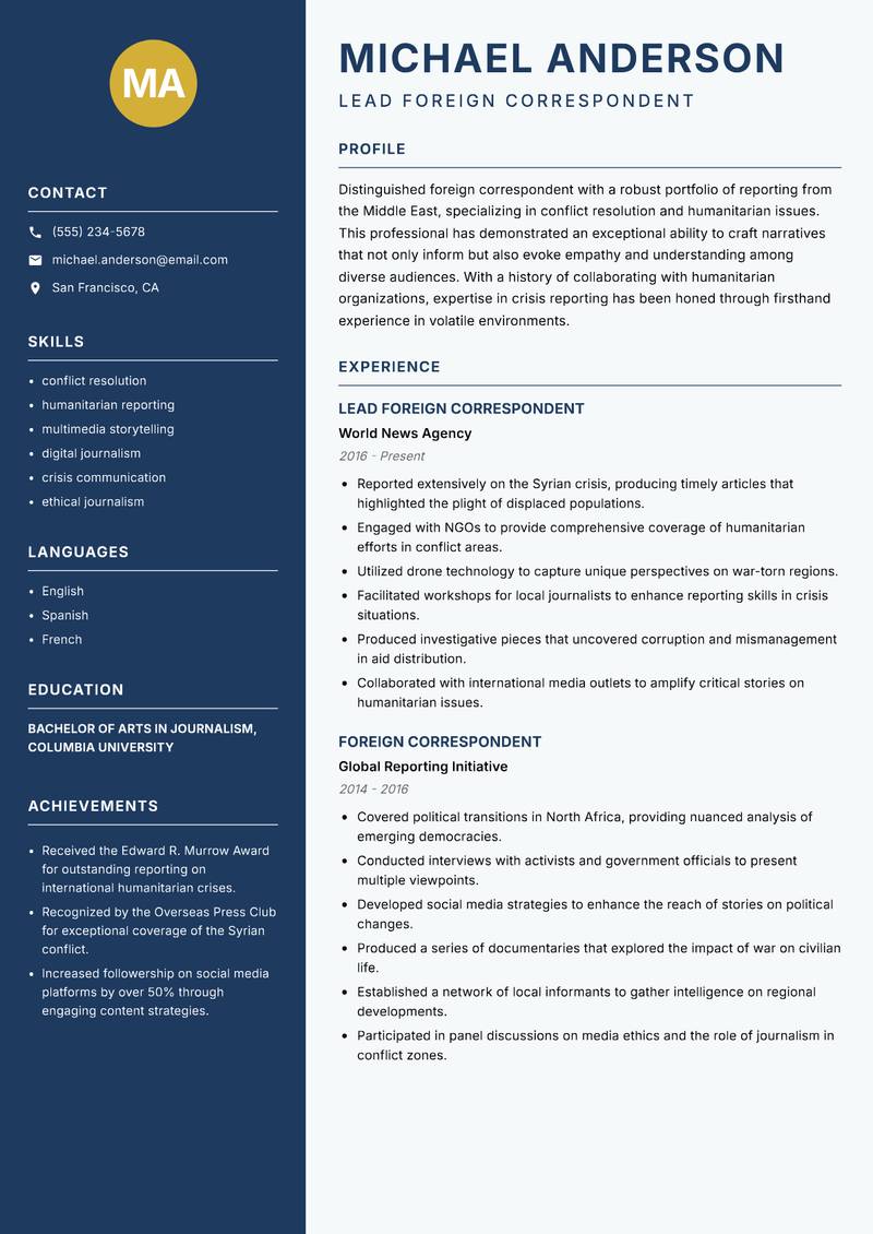Foreign Correspondent resume template — Classic Clean