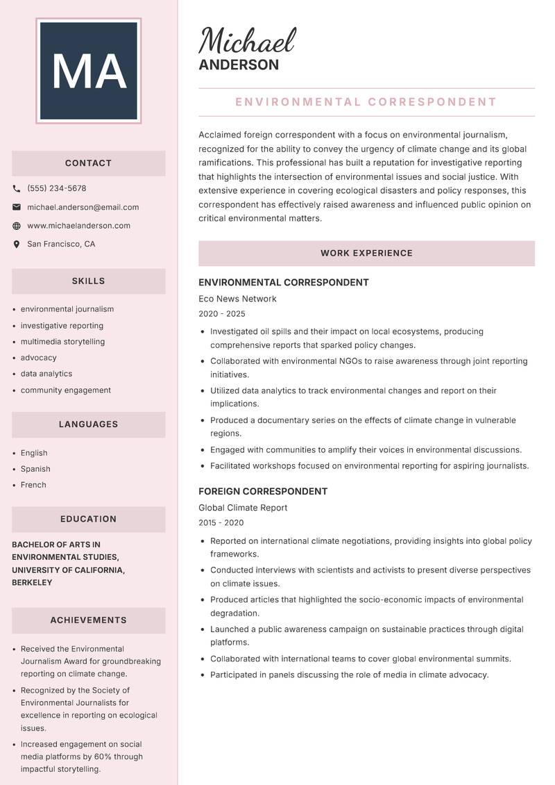 Foreign Correspondent resume template — Executive