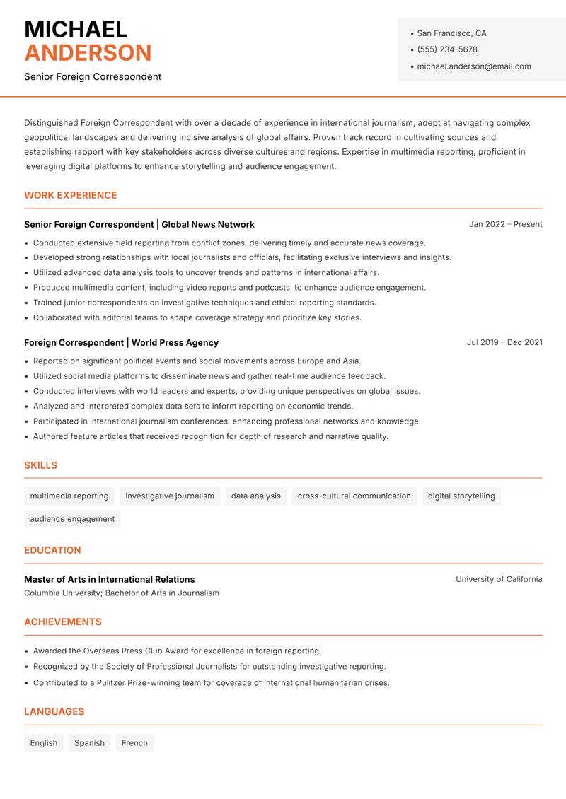 Foreign Correspondent resume template — Modern Professional
