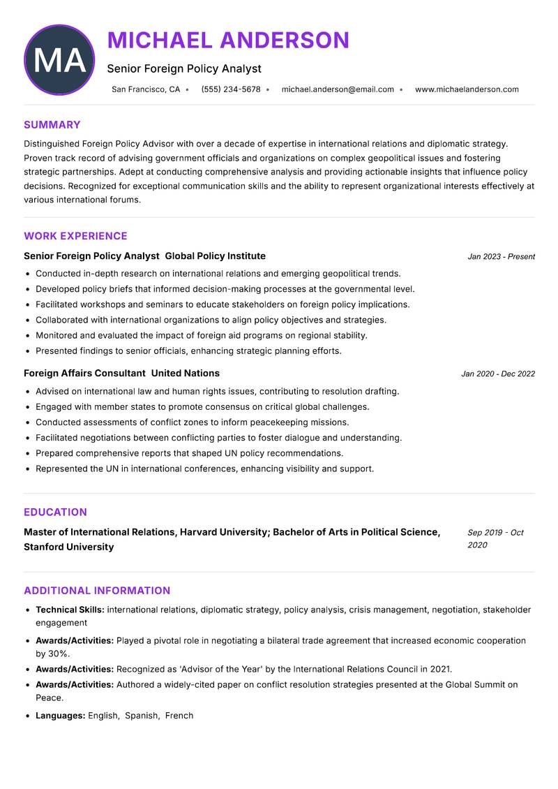 Foreign Policy Advisor resume example — ATS-friendly template