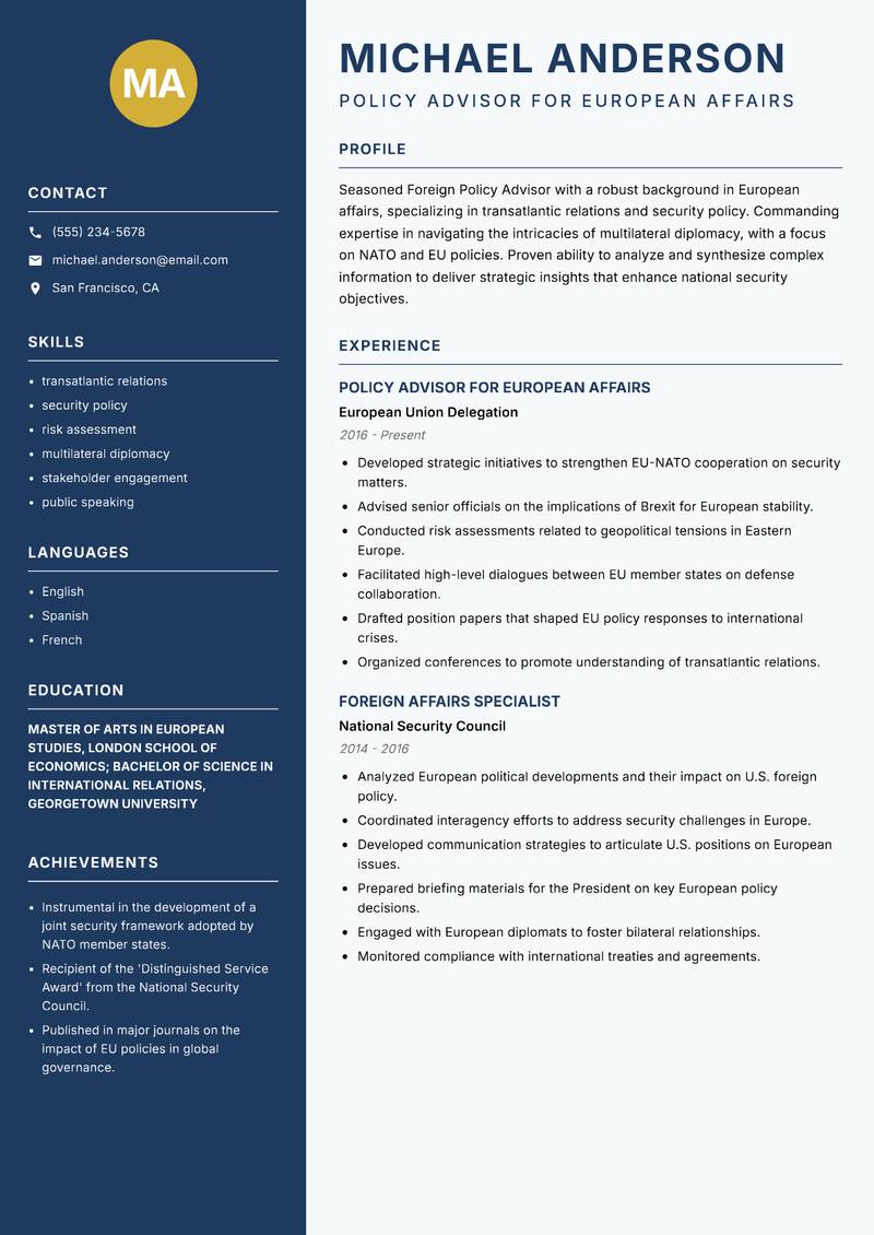 Foreign Policy Advisor resume template — Classic Clean