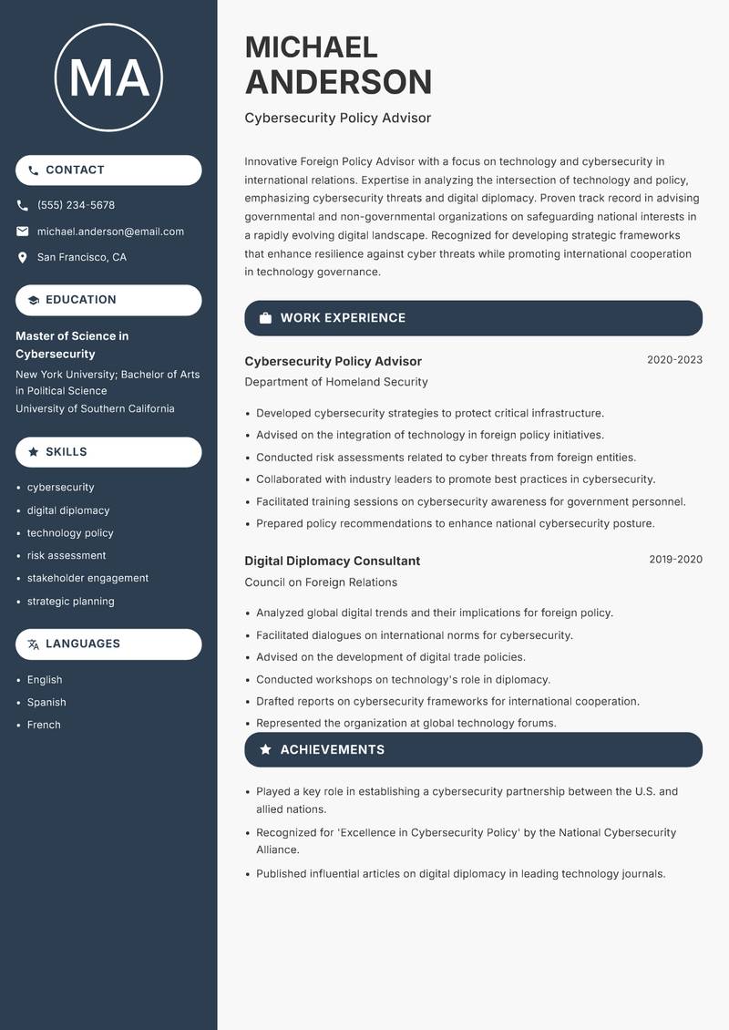 Foreign Policy Advisor resume template — Compact