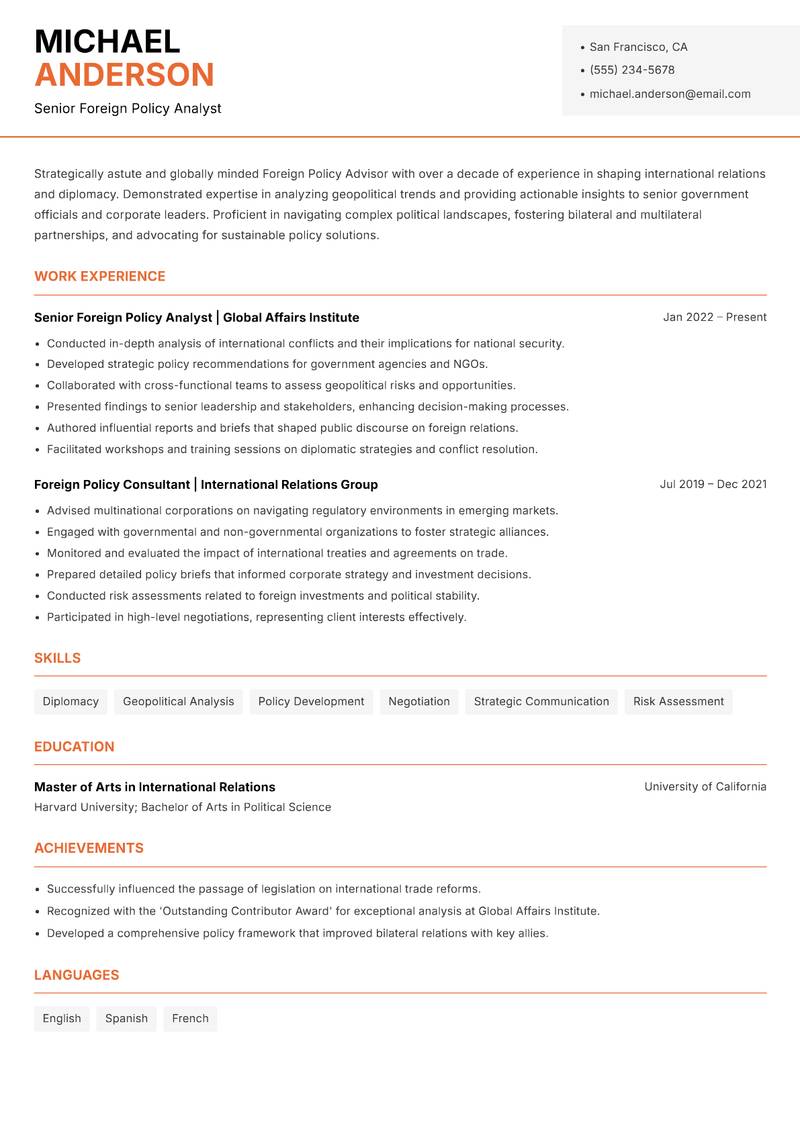 Foreign Policy Advisor resume template — Modern Professional