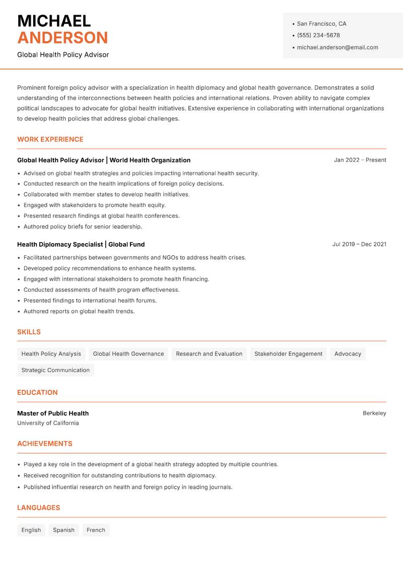 Foreign Policy Analyst resume template — Modern Professional