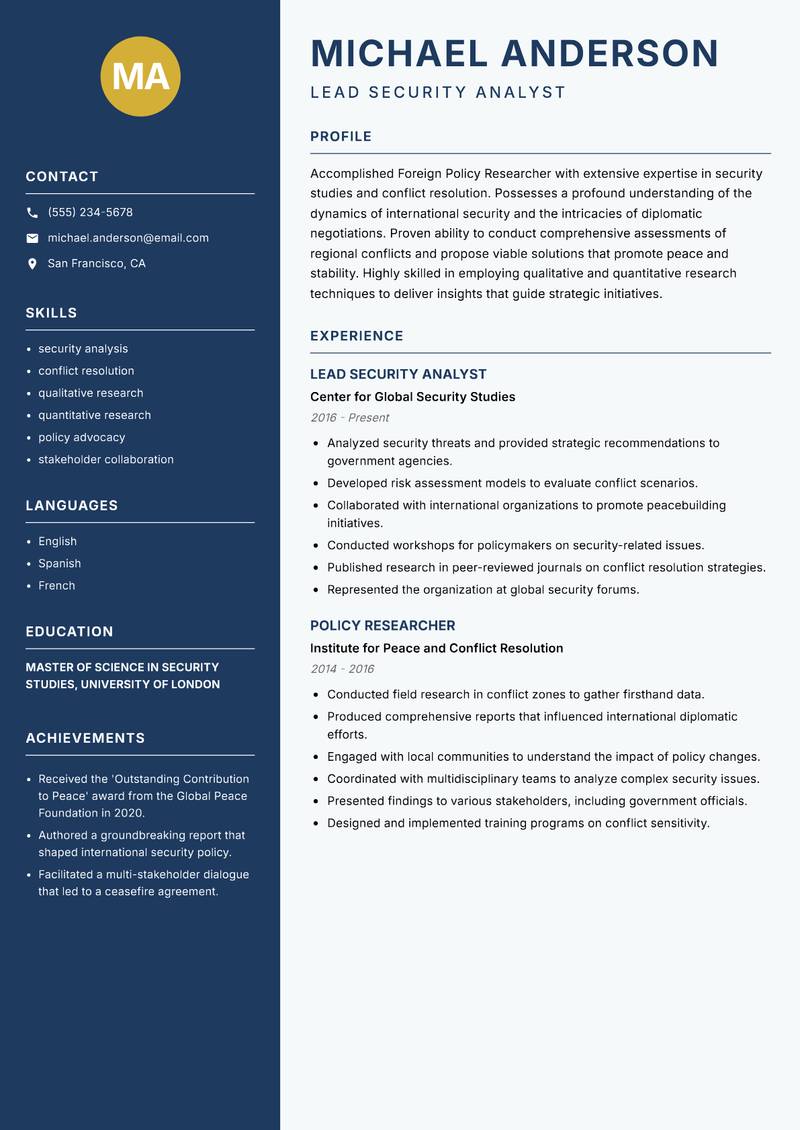 Foreign Policy Researcher resume template — Classic Clean