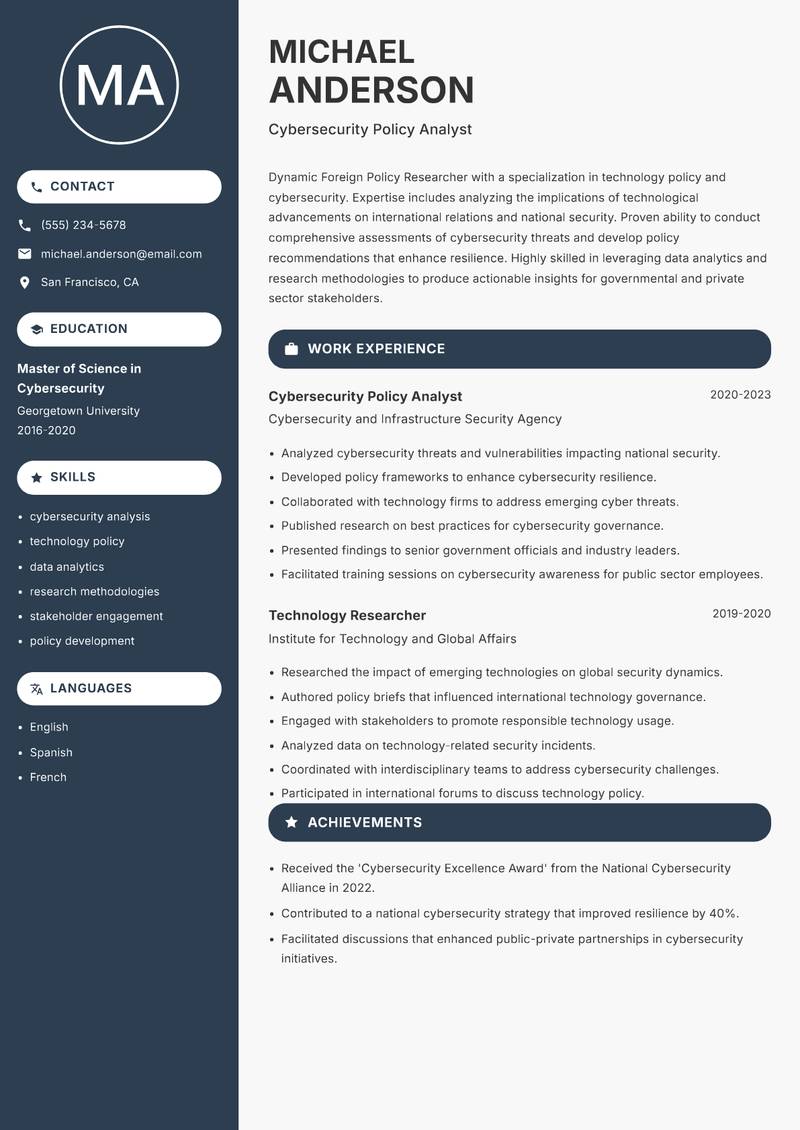 Foreign Policy Researcher resume template — Compact