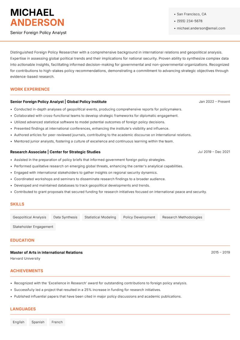Foreign Policy Researcher resume template — Modern Professional