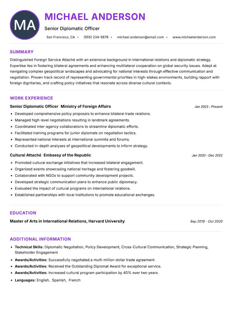 Foreign Service Attaché resume example — ATS-friendly template