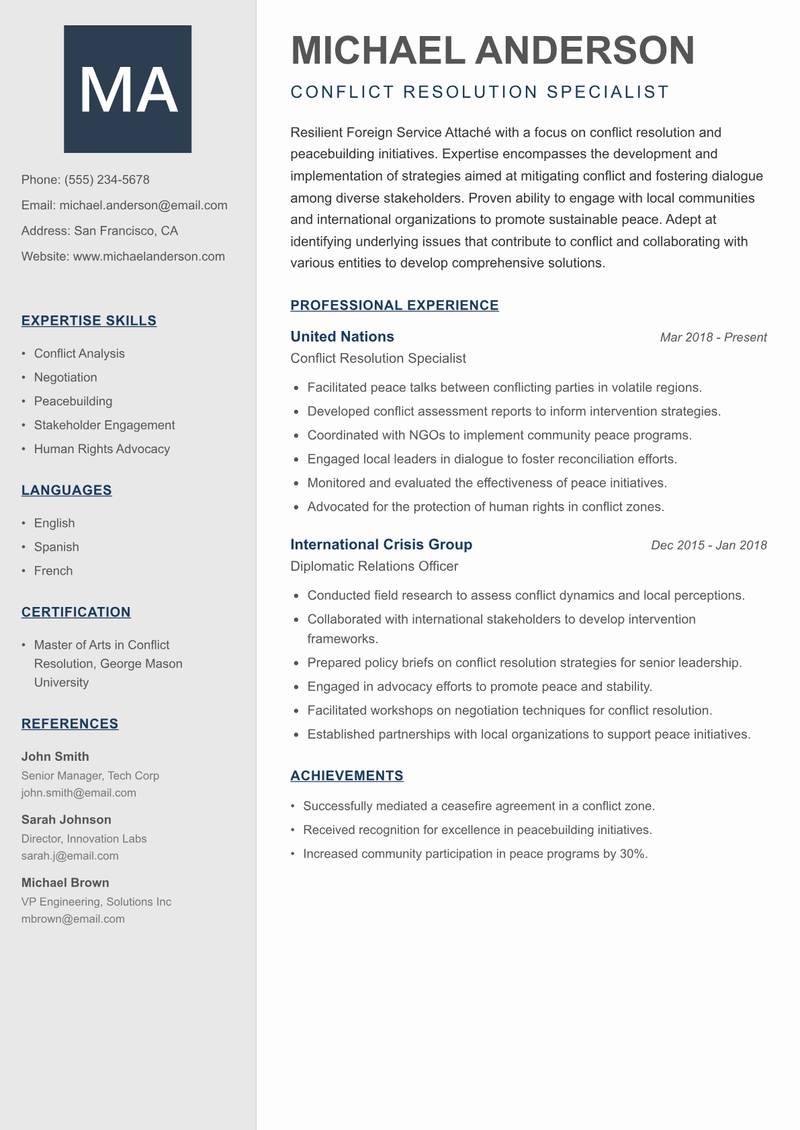 Foreign Service Attaché resume template — Creative Minimal