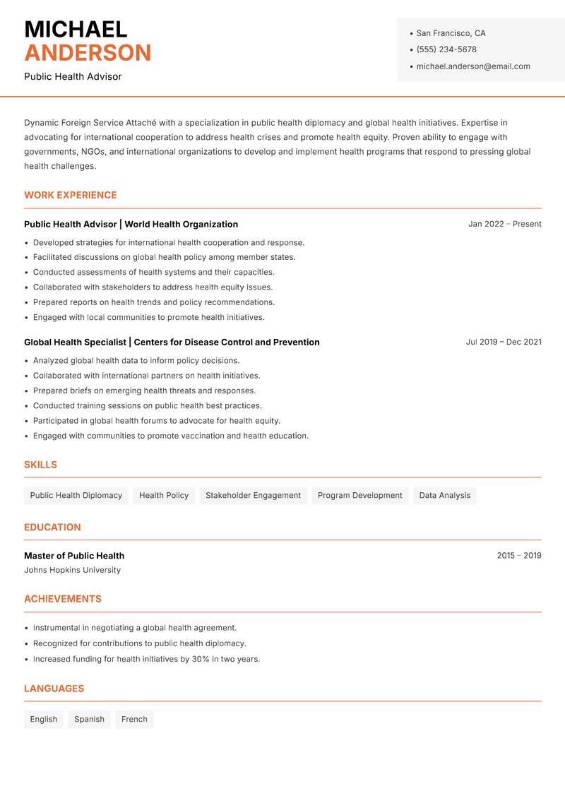 Foreign Service Attaché resume template — Modern Professional