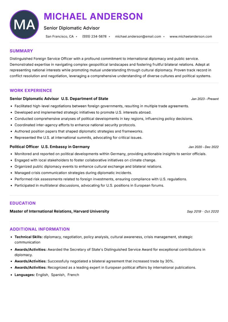 Foreign Service Officer resume example — ATS-friendly template