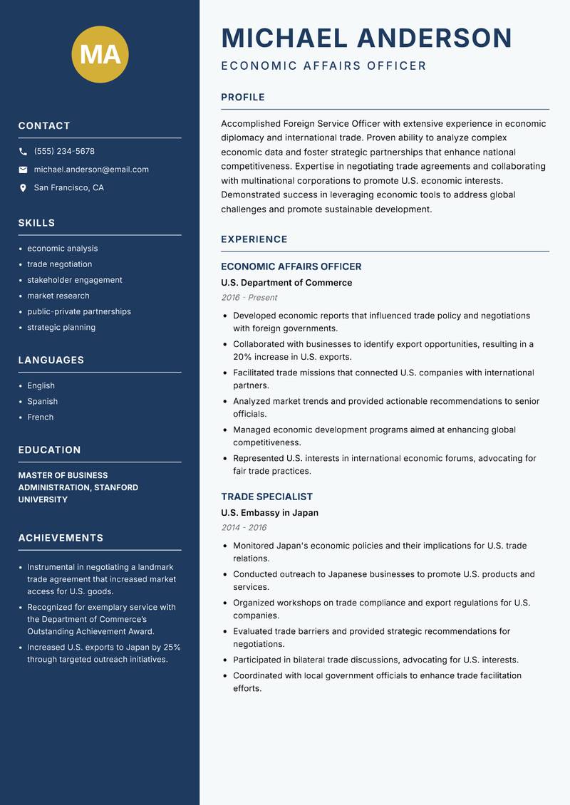 Foreign Service Officer resume template — Classic Clean