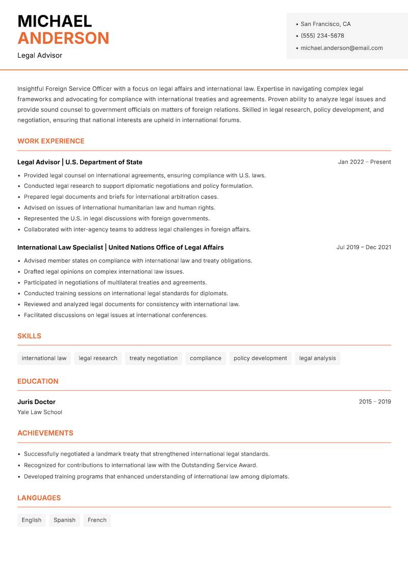 Foreign Service Officer resume template — Modern Professional