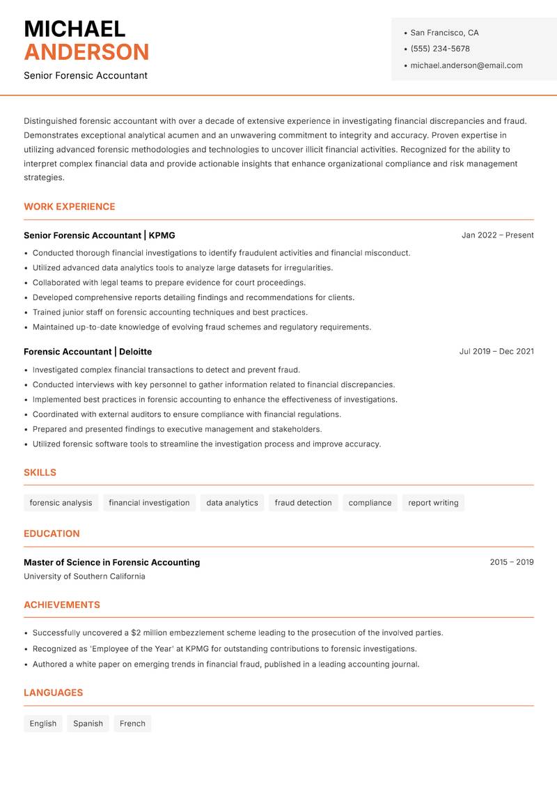 Forensic Accountant resume template — Modern Professional