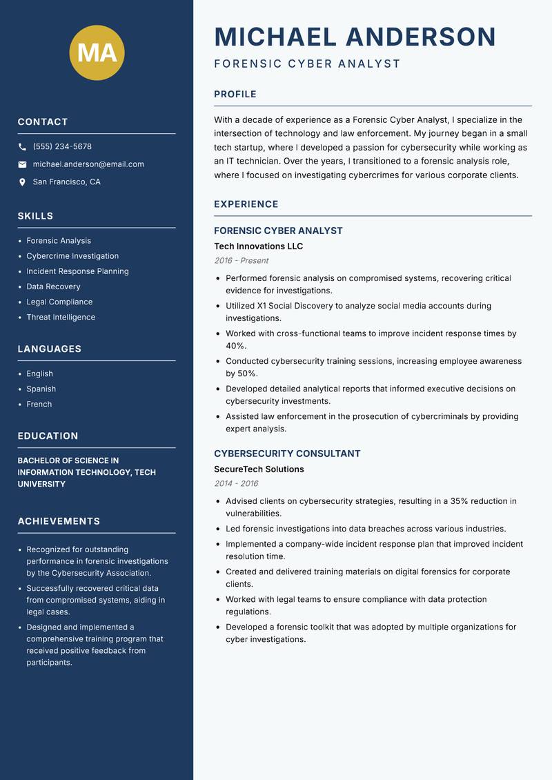 Forensic Cyber Analyst resume template — Classic Clean
