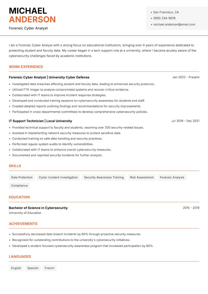 Forensic Cyber Analyst resume template — Modern Professional