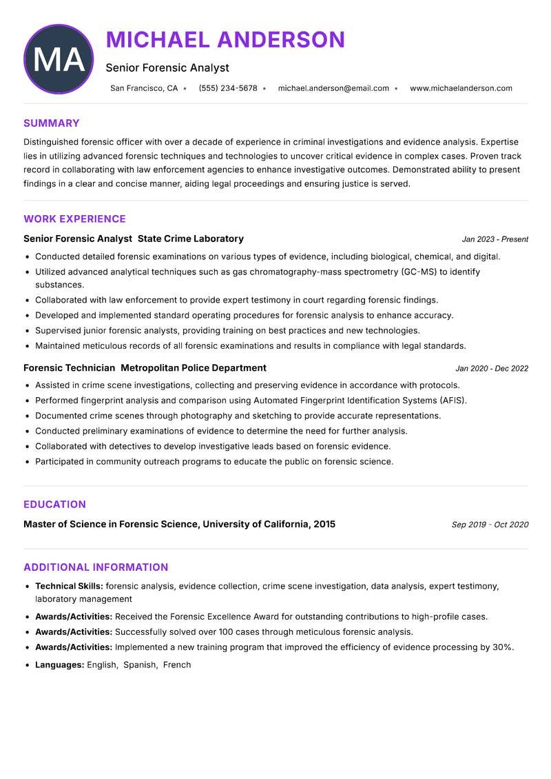 Forensic Officer resume example — ATS-friendly template