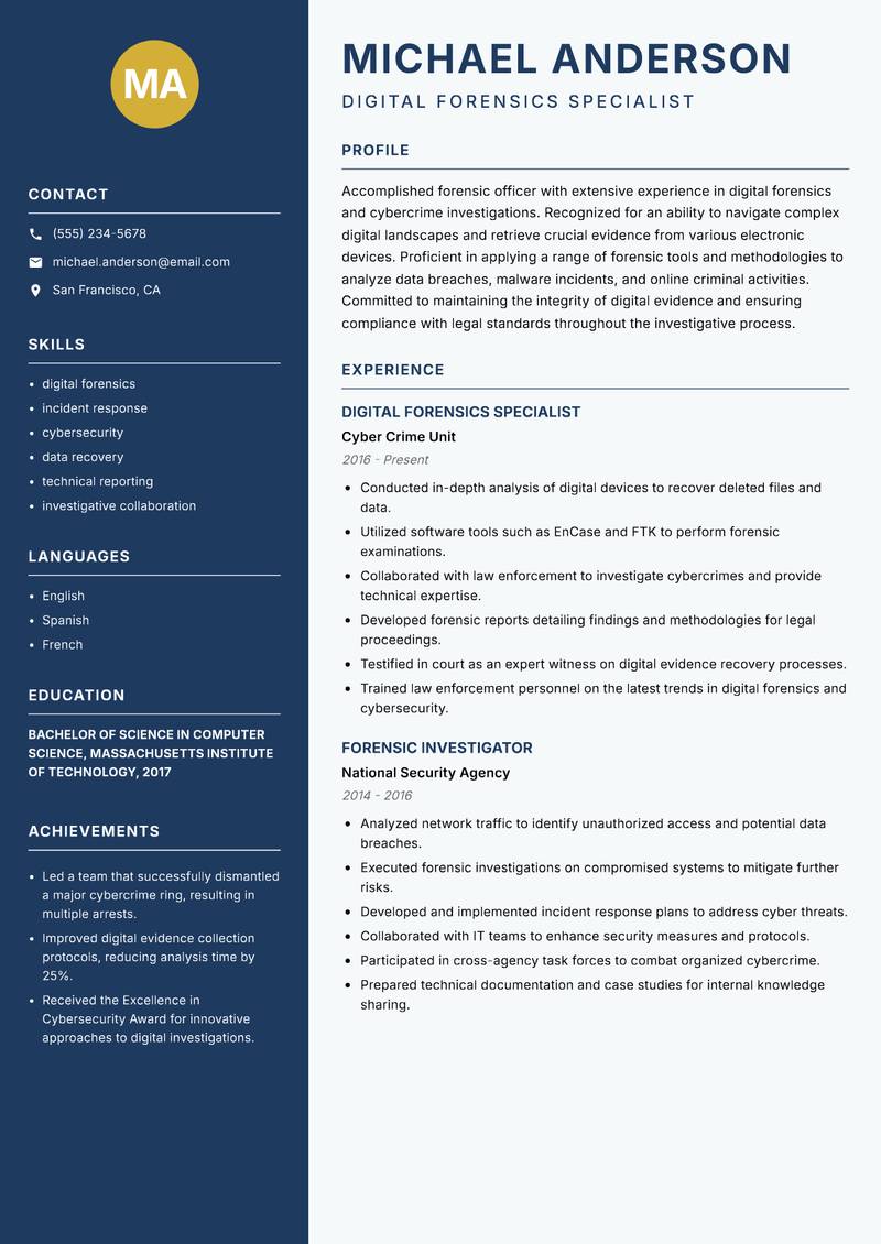 Forensic Officer resume template — Classic Clean