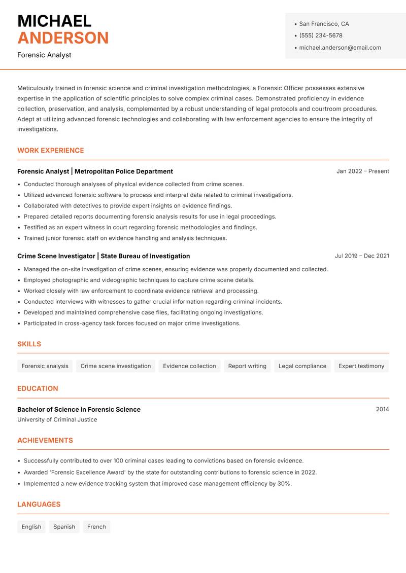 Forensic Officer resume template — Modern Professional