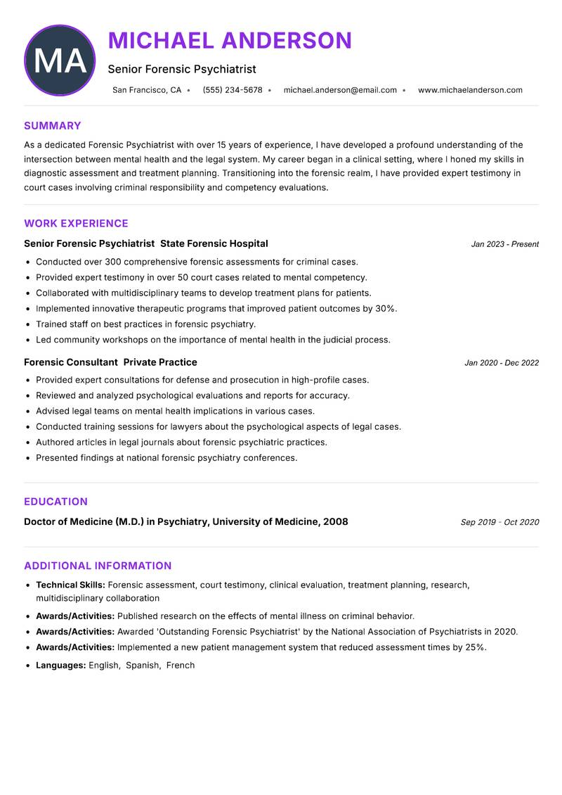 Forensic Psychiatrist resume example — ATS-friendly template