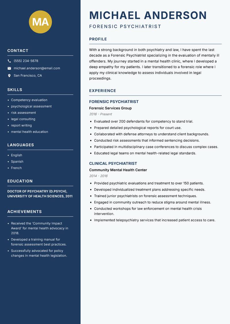 Forensic Psychiatrist resume template — Classic Clean