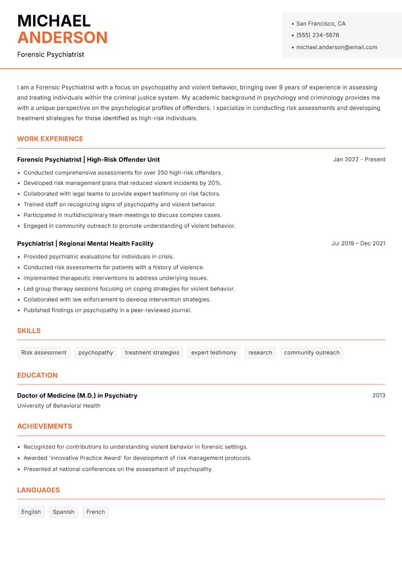 Forensic Psychiatrist resume template — Modern Professional