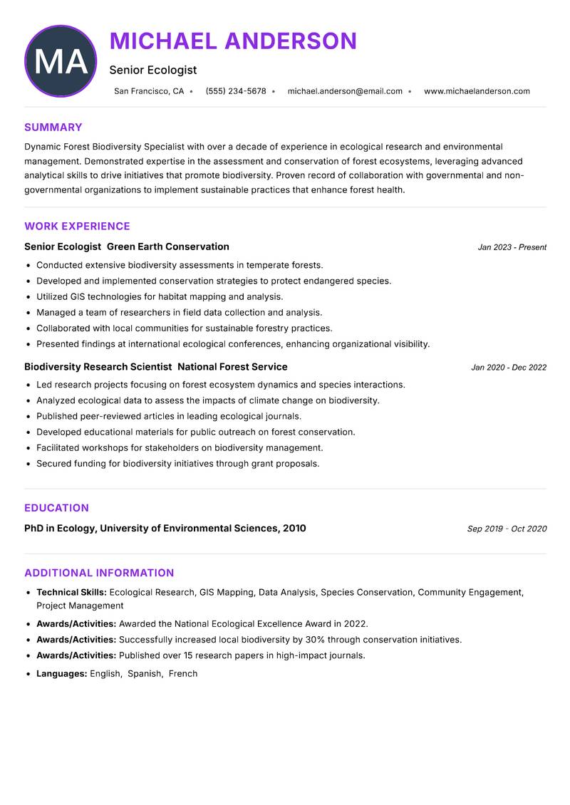 Forest Biodiversity Specialist resume example — ATS-friendly template