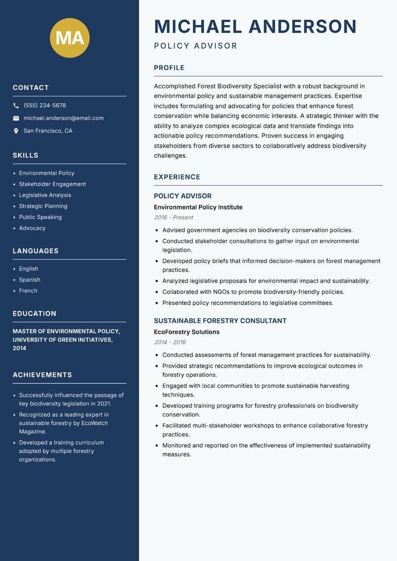 Forest Biodiversity Specialist resume template — Classic Clean