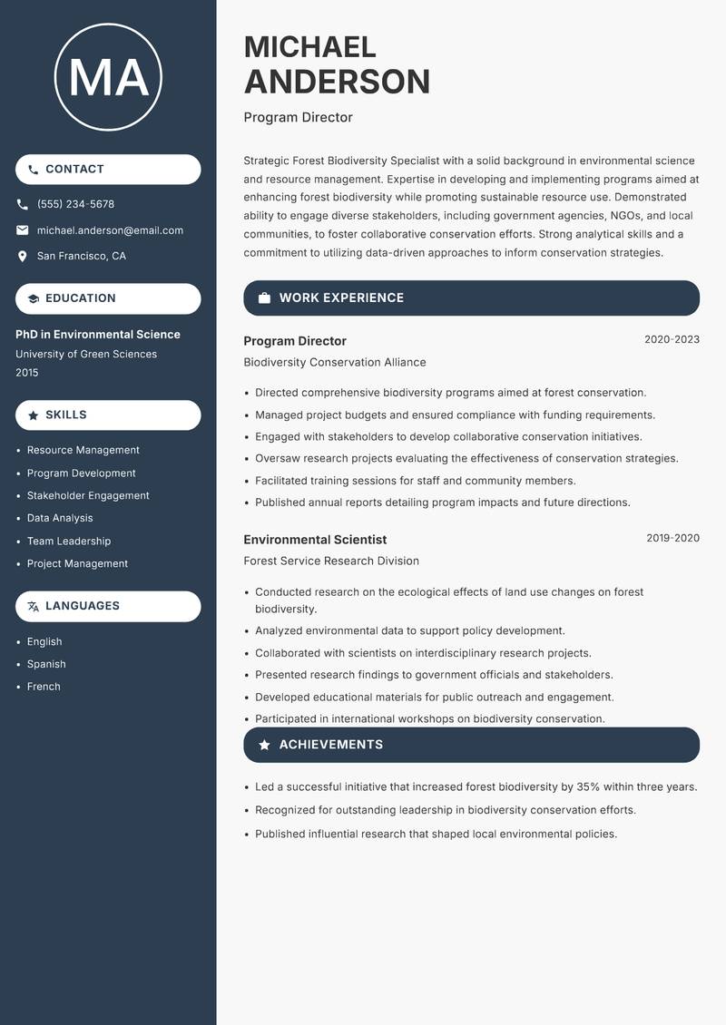 Forest Biodiversity Specialist resume template — Compact