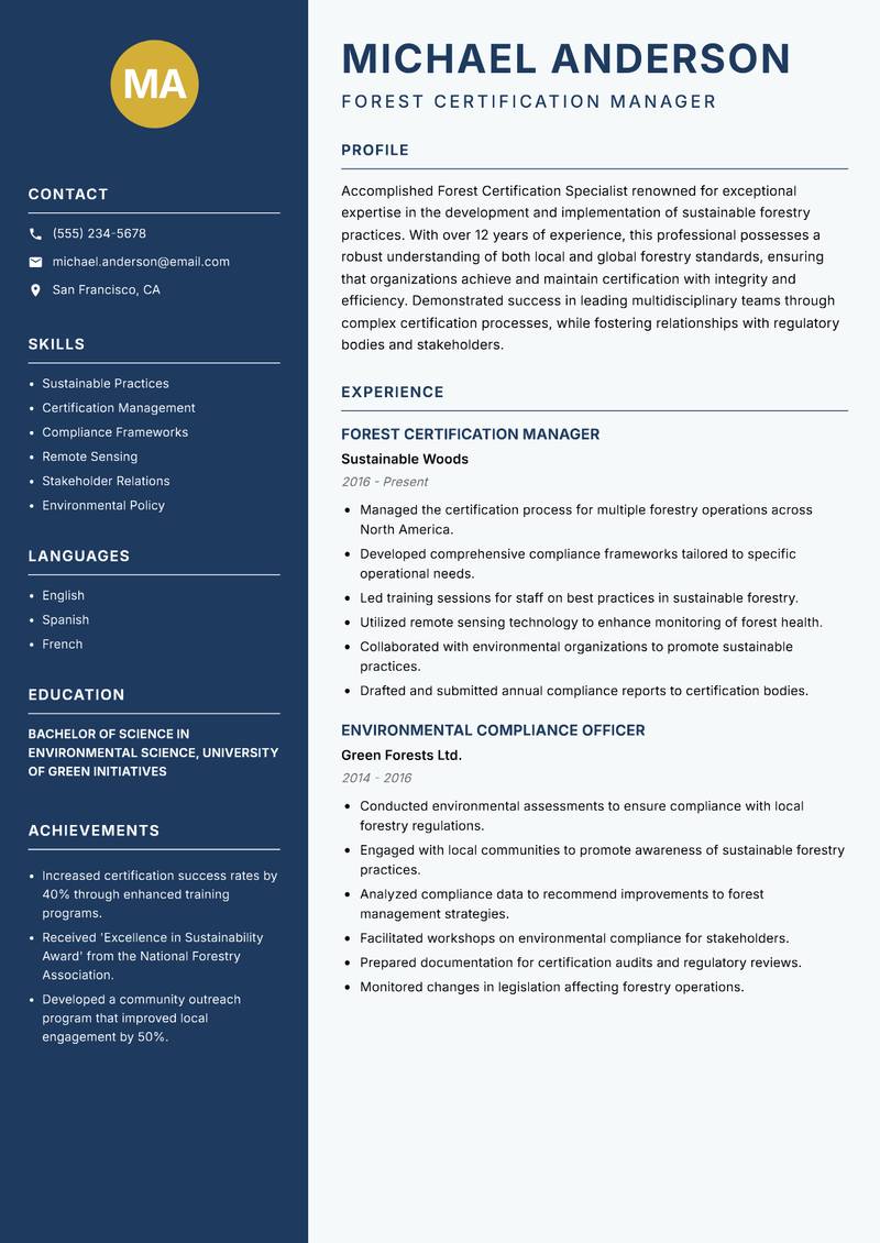 Forest Certification Specialist resume template — Classic Clean