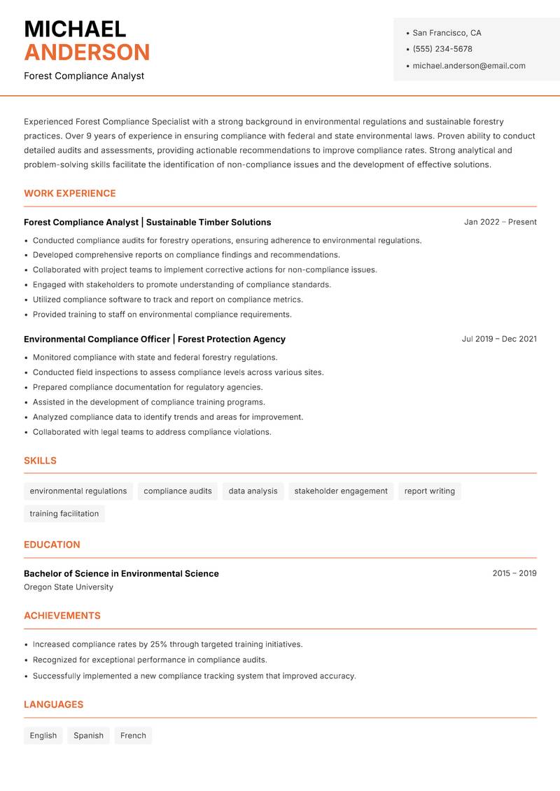 Forest Compliance Specialist resume template — Modern Professional