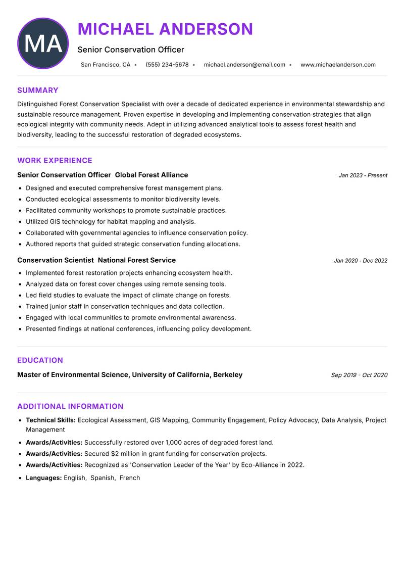 Forest Conservation Specialist resume example — ATS-friendly template